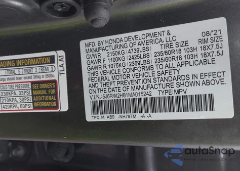 2021 Honda Cr-V Awd Ex-L z USA, uszkodzony, nr VIN 5J6RW2H81MA015242